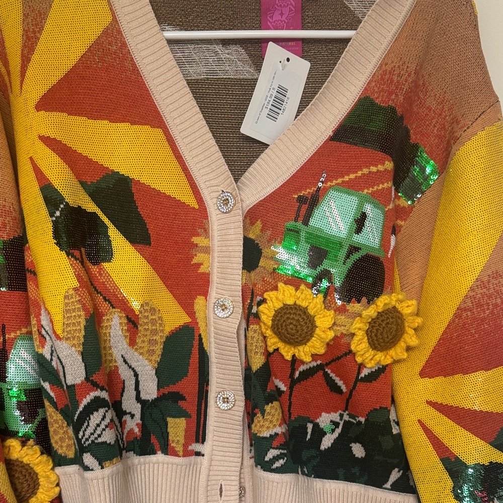 QUEEN OF SPARKLES Yellow Beige Multicolor Sunflower Sequin Cardigan - Picture 3 of 4